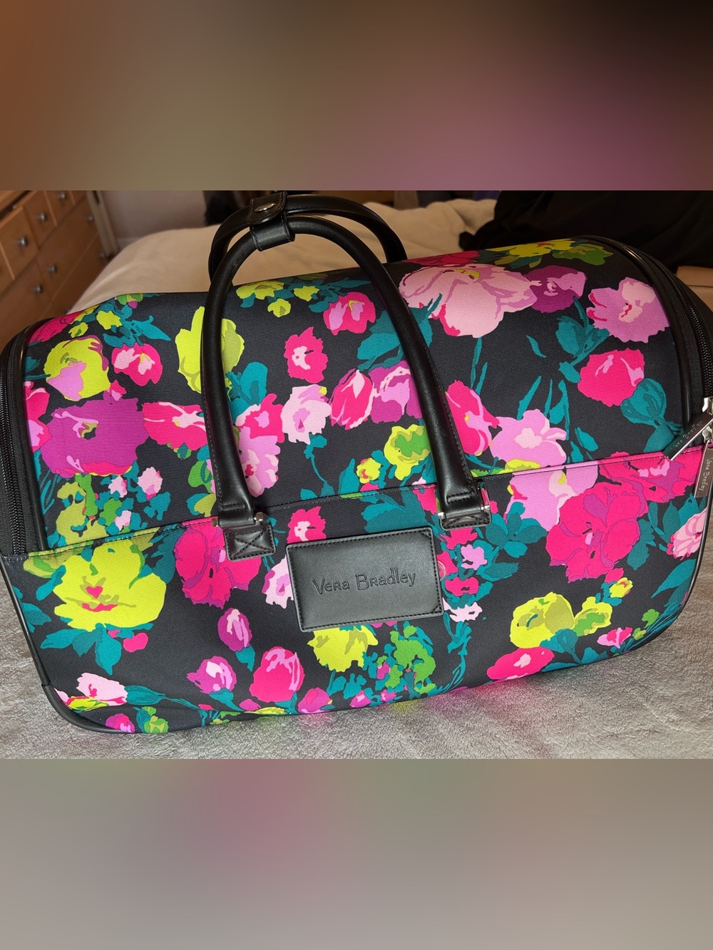 Vera Bradley Luggage Roller Bag Black Floral Travel Tote with Pink & Green